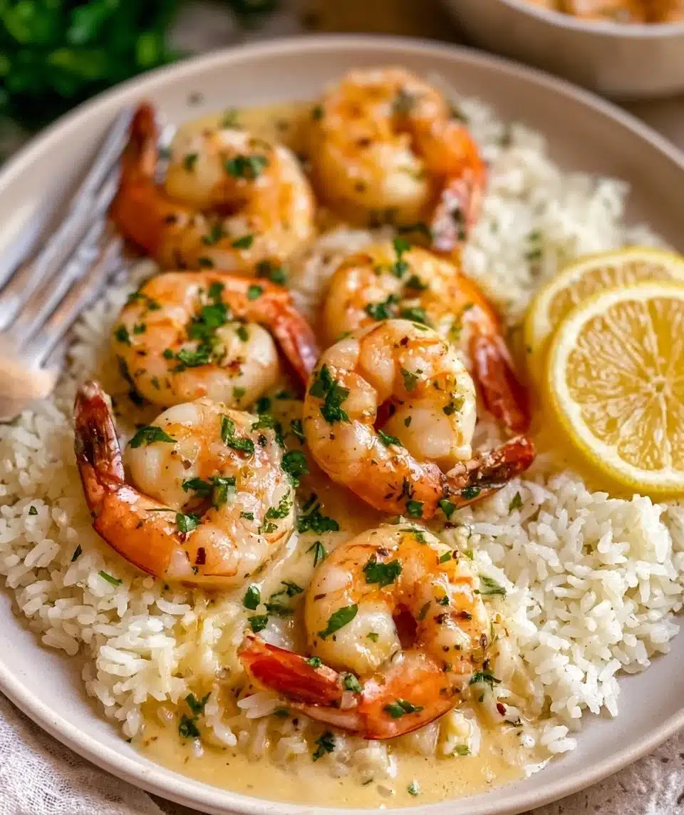 Plate of garlic butter shrimp garnished with herbs