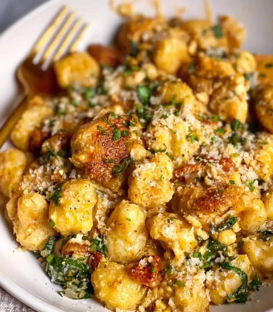 Creamy Garlic Chicken Gnocchi with herbs and spices on a plate