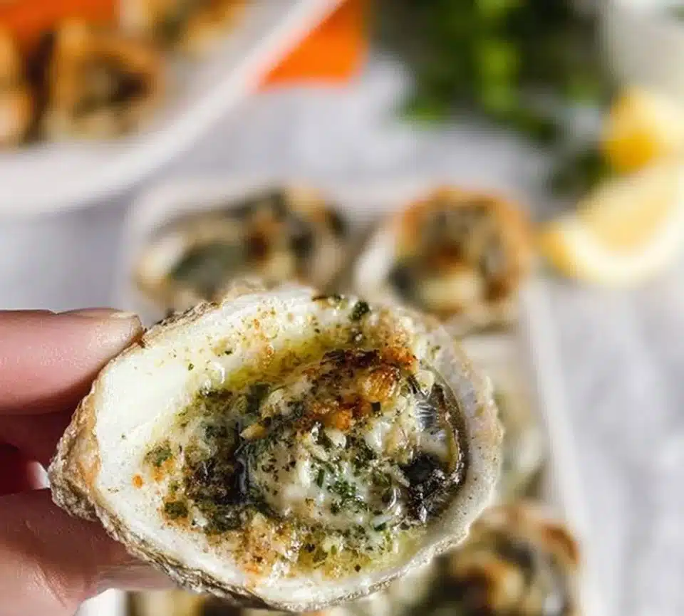 Grilled oysters topped with garlic herb butter on a serving platter.