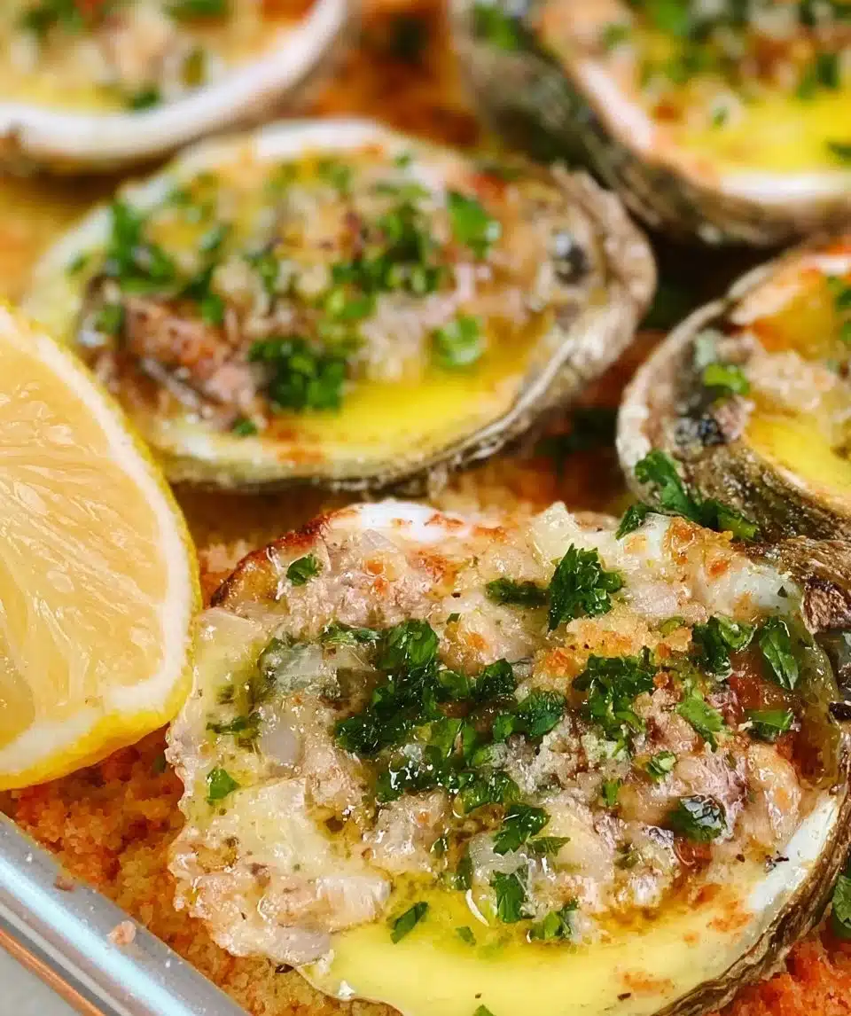Delicious garlic lemon butter baked oysters served on a platter