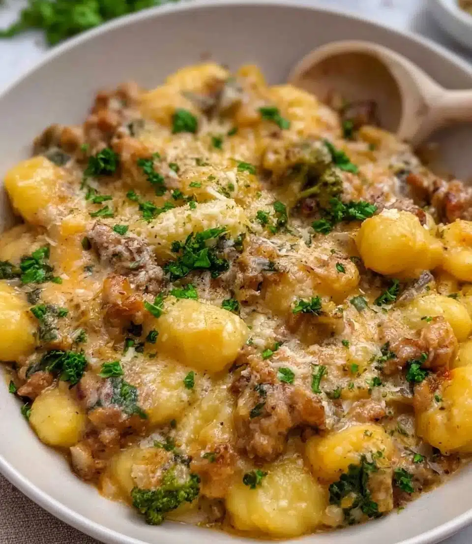 Delicious plate of gnocchi with sausage and garnishes