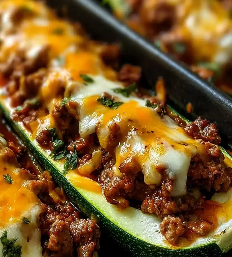 Savory ground beef zucchini boats fresh out of the oven, ready to be served.
