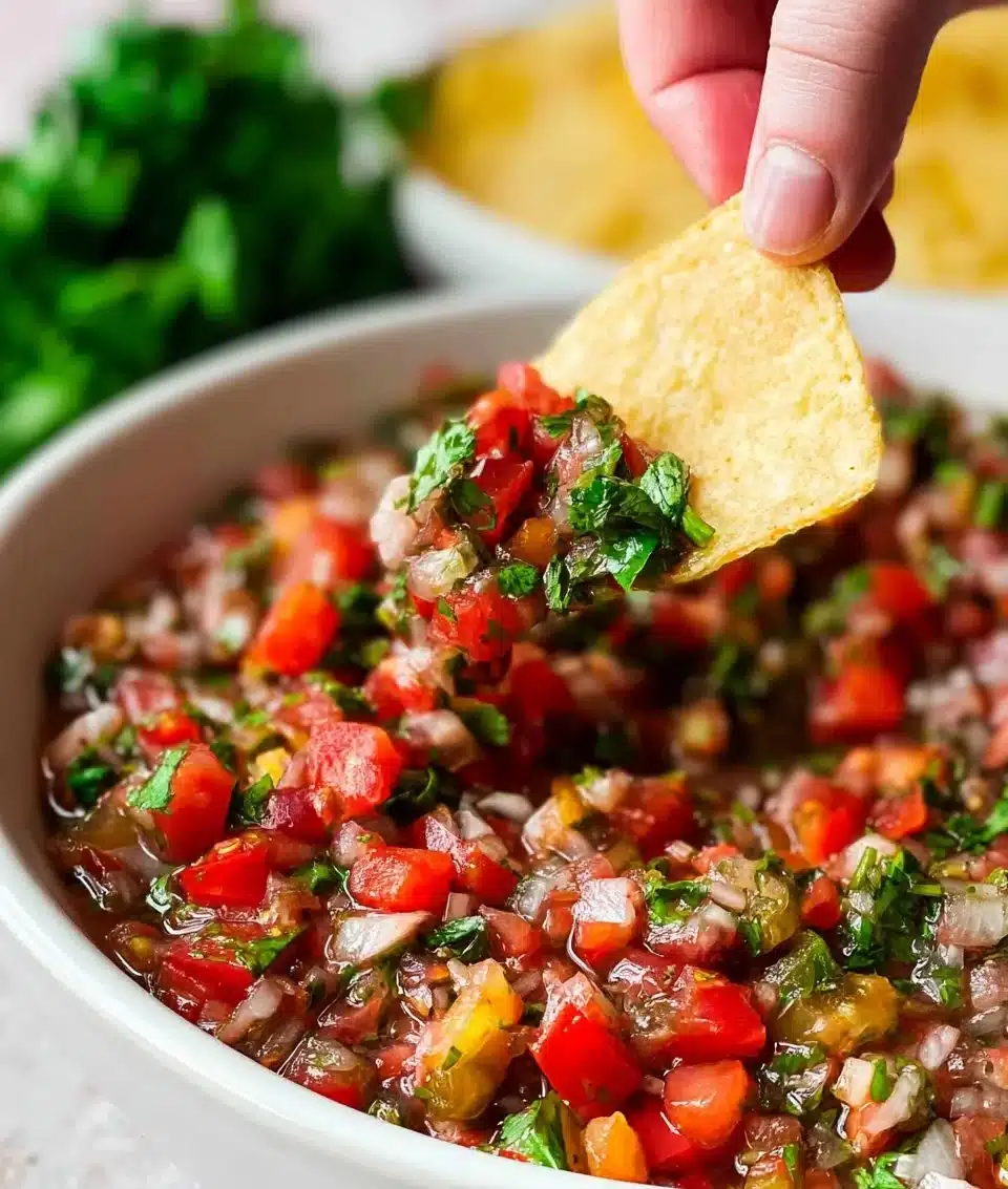 Bowl of homemade salsa with fresh ingredients on a wooden table