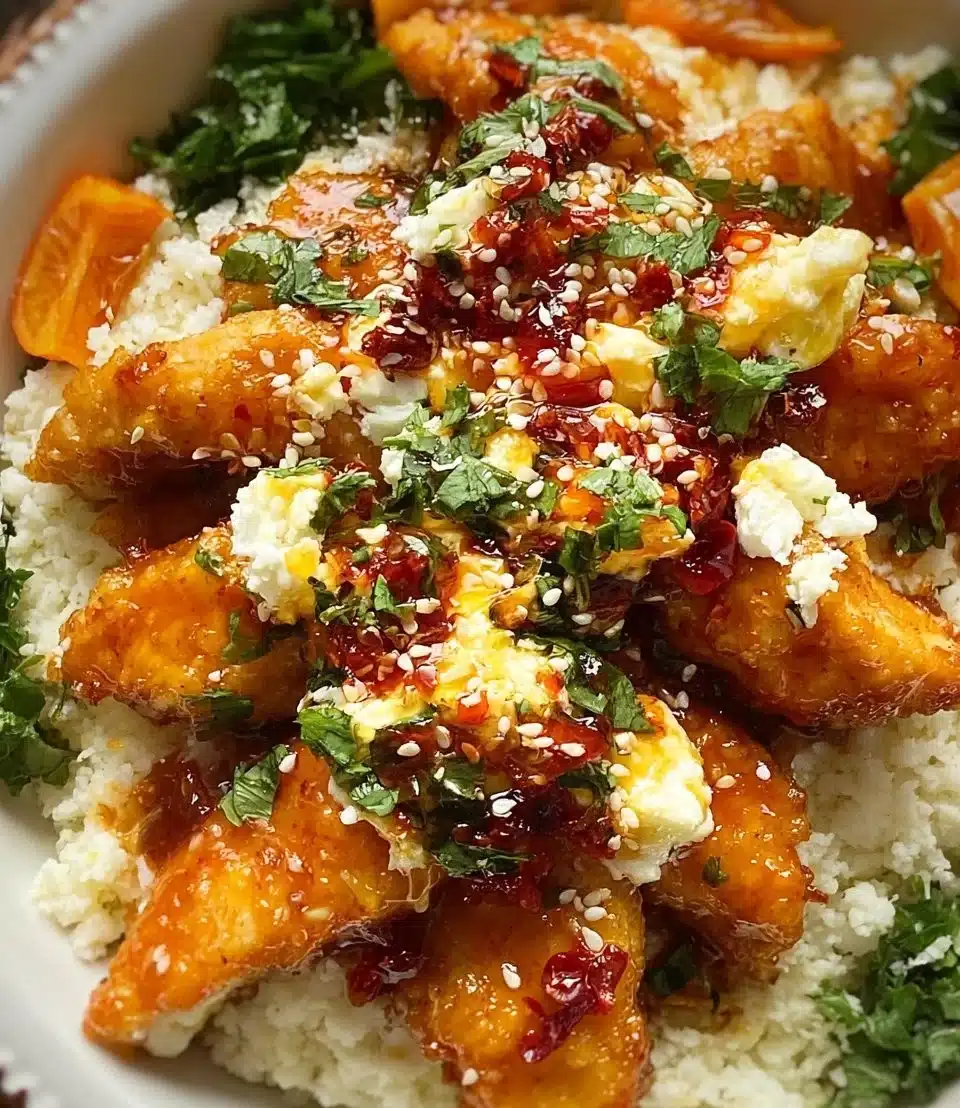 Honey Feta Chicken dish garnished with herbs and served on a plate