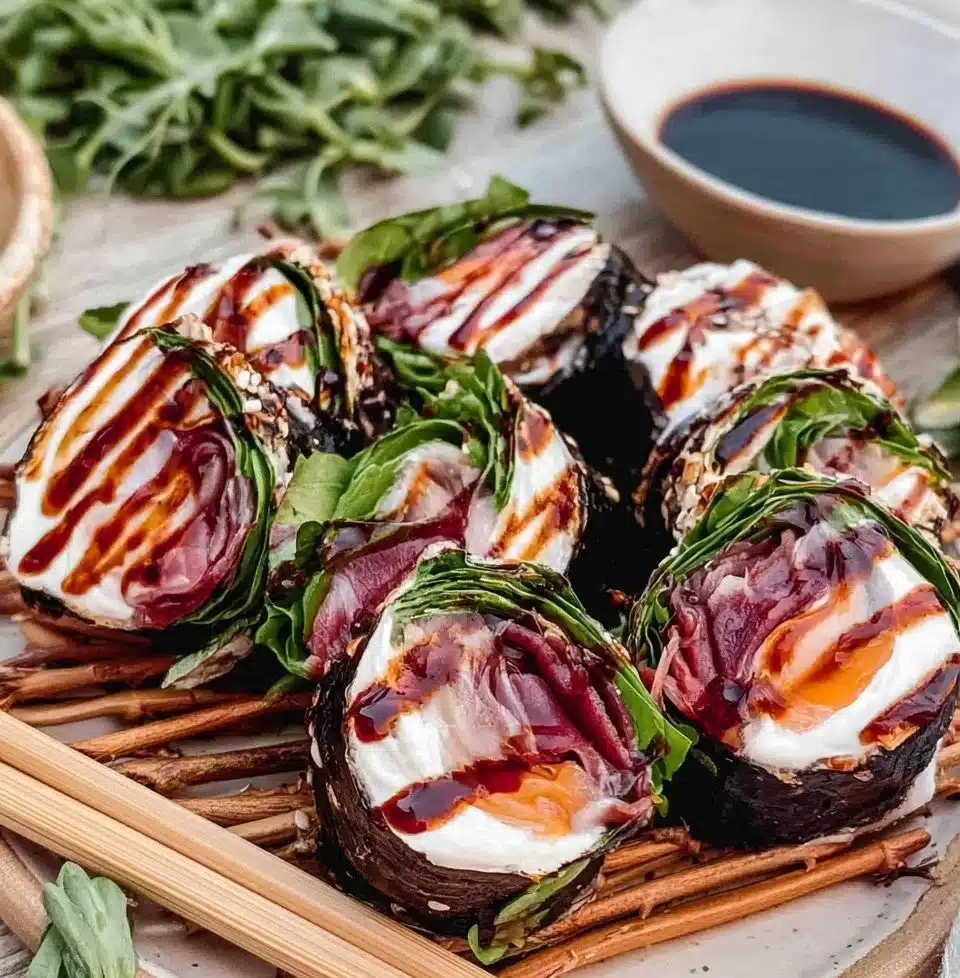 A plate of Italian sushi featuring fresh ingredients and creative presentation.