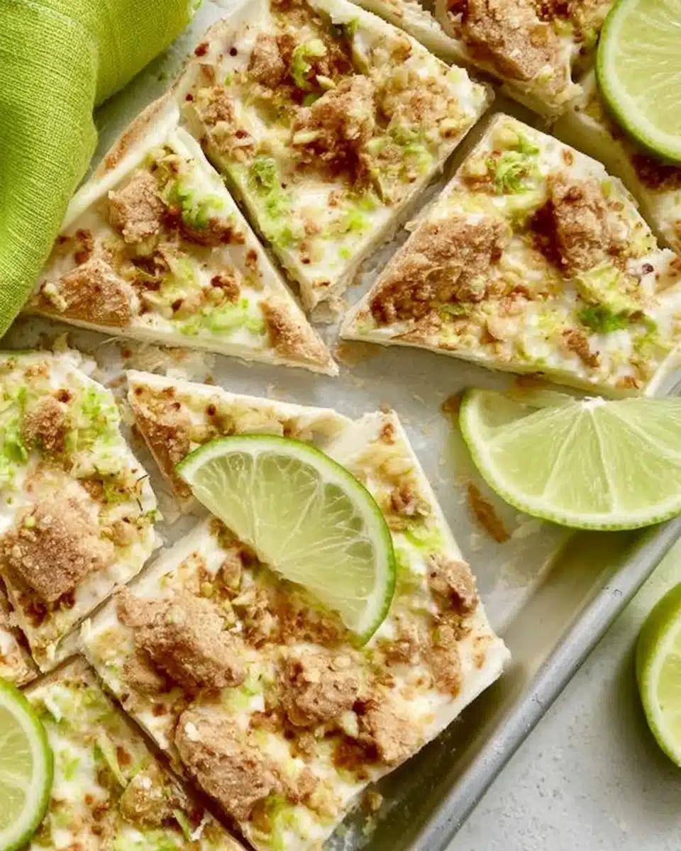 Key Lime Pie Yogurt Bark with lime slices and yogurt swirls