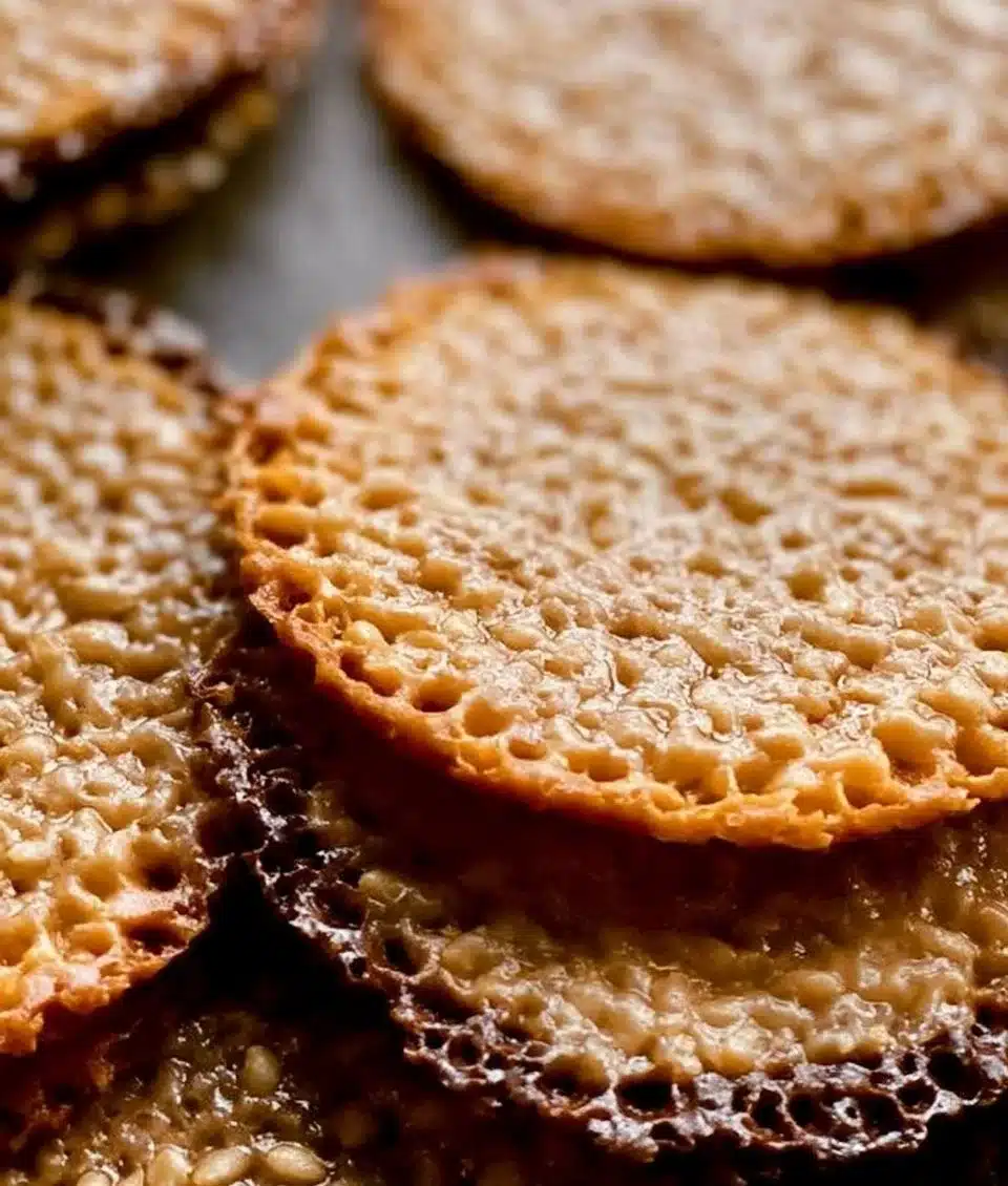 Delicious homemade lace cookies arranged on a plate.