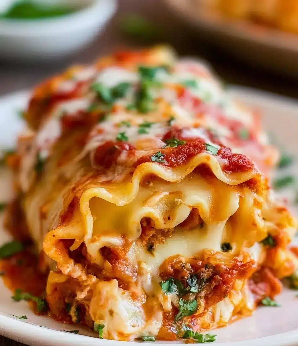 Delicious homemade lasagna roll ups with cheese and tomato sauce