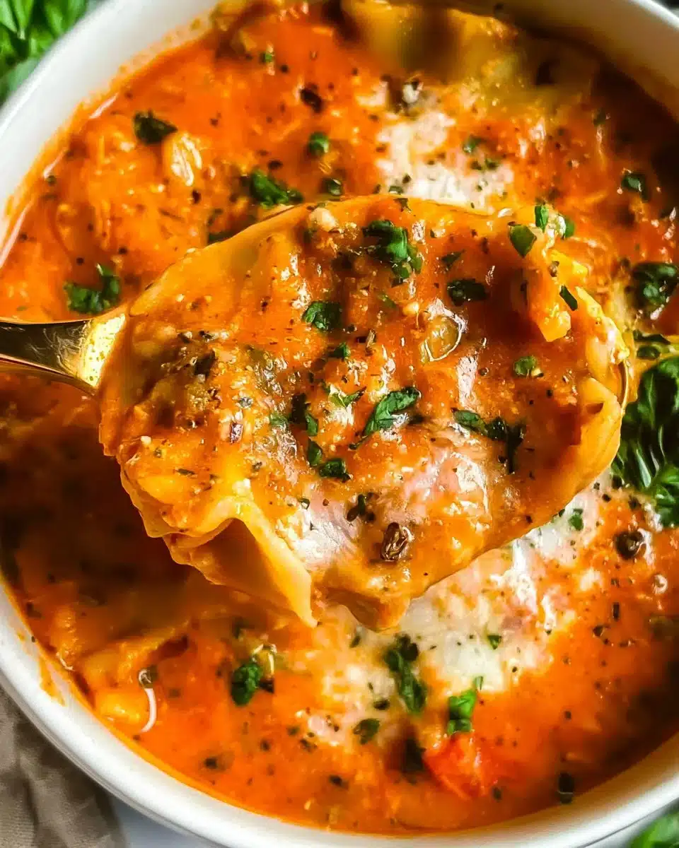 Bowl of hearty Lasagna Soup topped with cheese and herbs