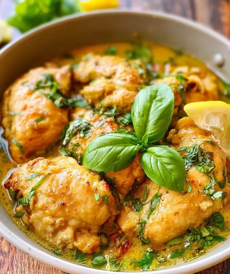 Plate of Lemon Basil Chicken garnished with fresh basil leaves