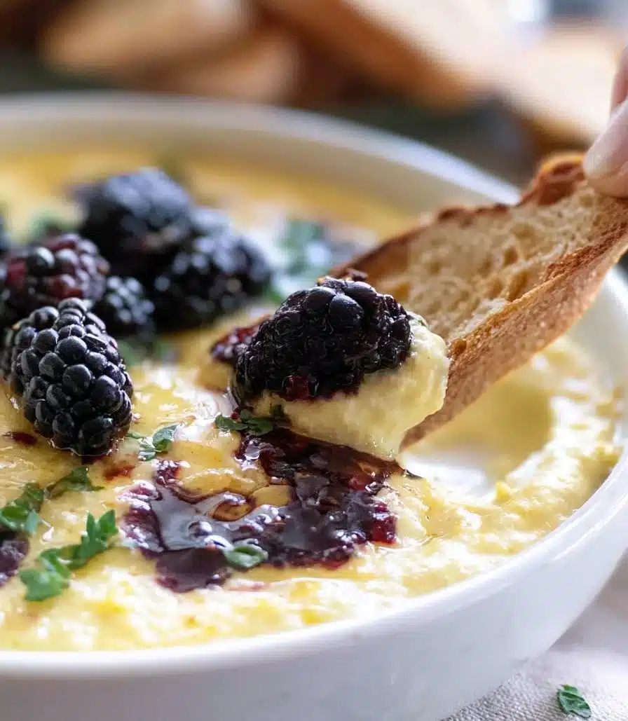 Lemon Ricotta Dip topped with blackberries and drizzled with honey