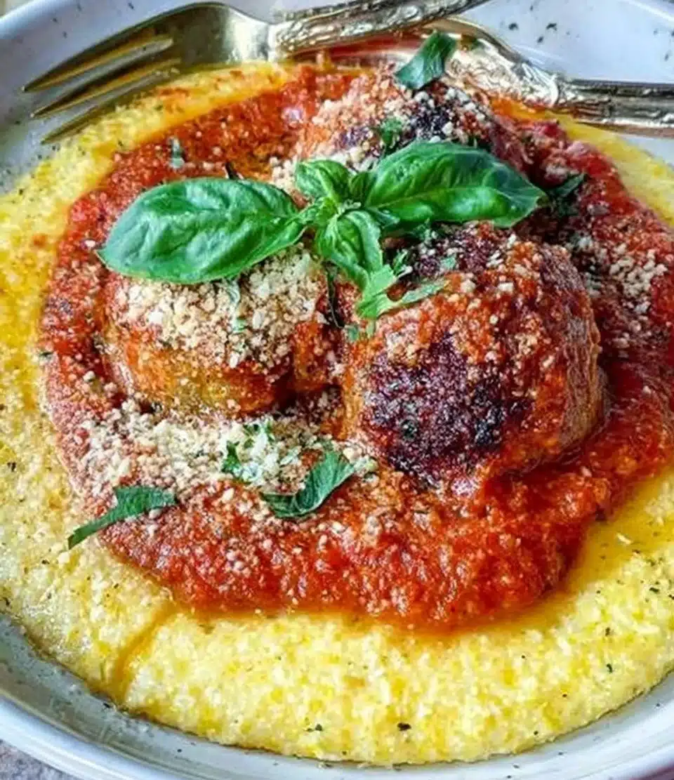 Delicious meatballs served on creamy polenta