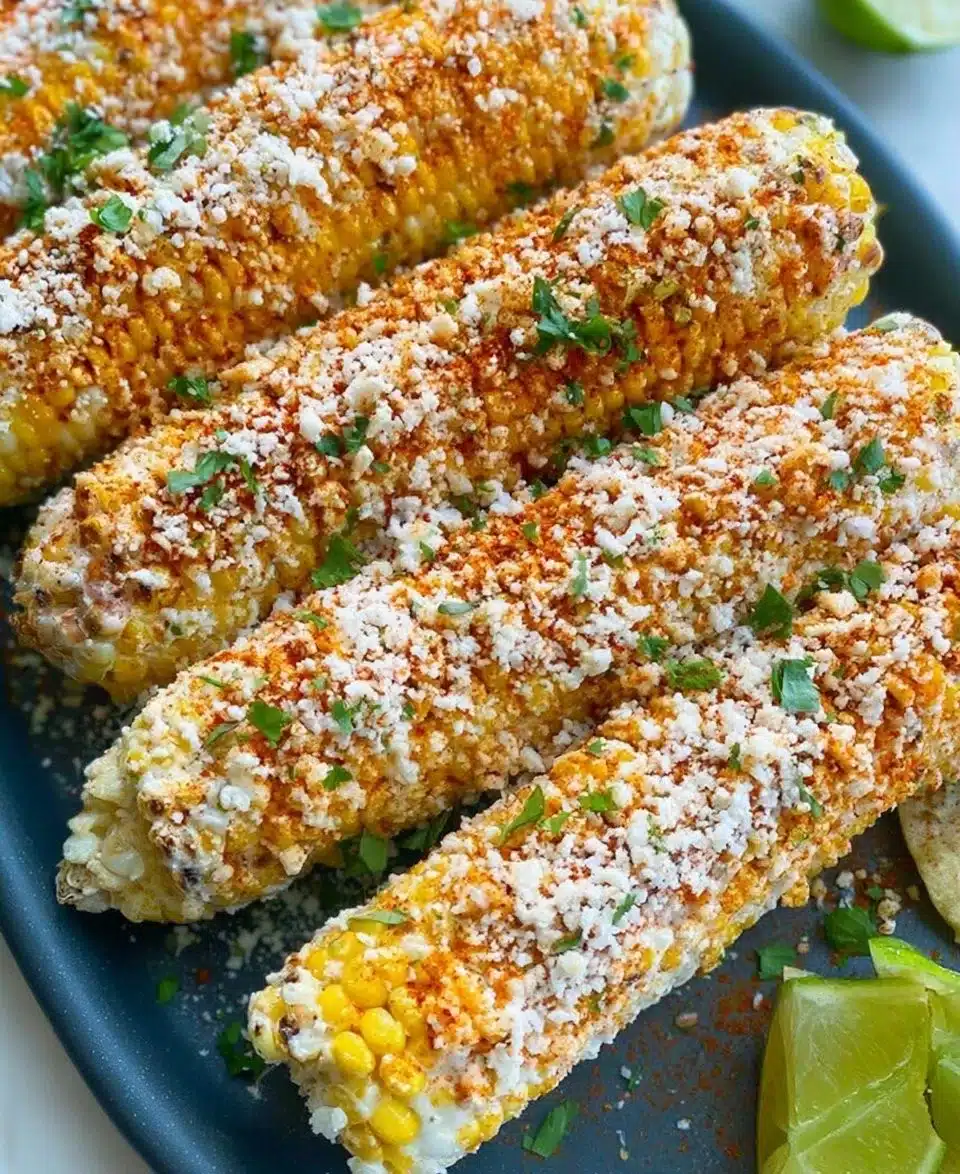 Delicious Mexican Street Corn (Elote) topped with spices and cheese