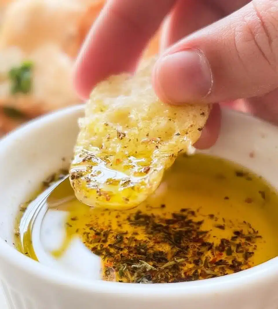 Bowl of olive oil bread dip with herbs and spices for dipping bread.