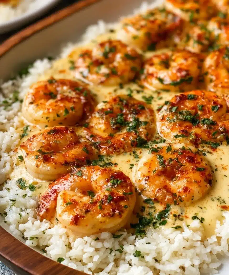One-Pan Garlic Butter Shrimp served with rice on a plate