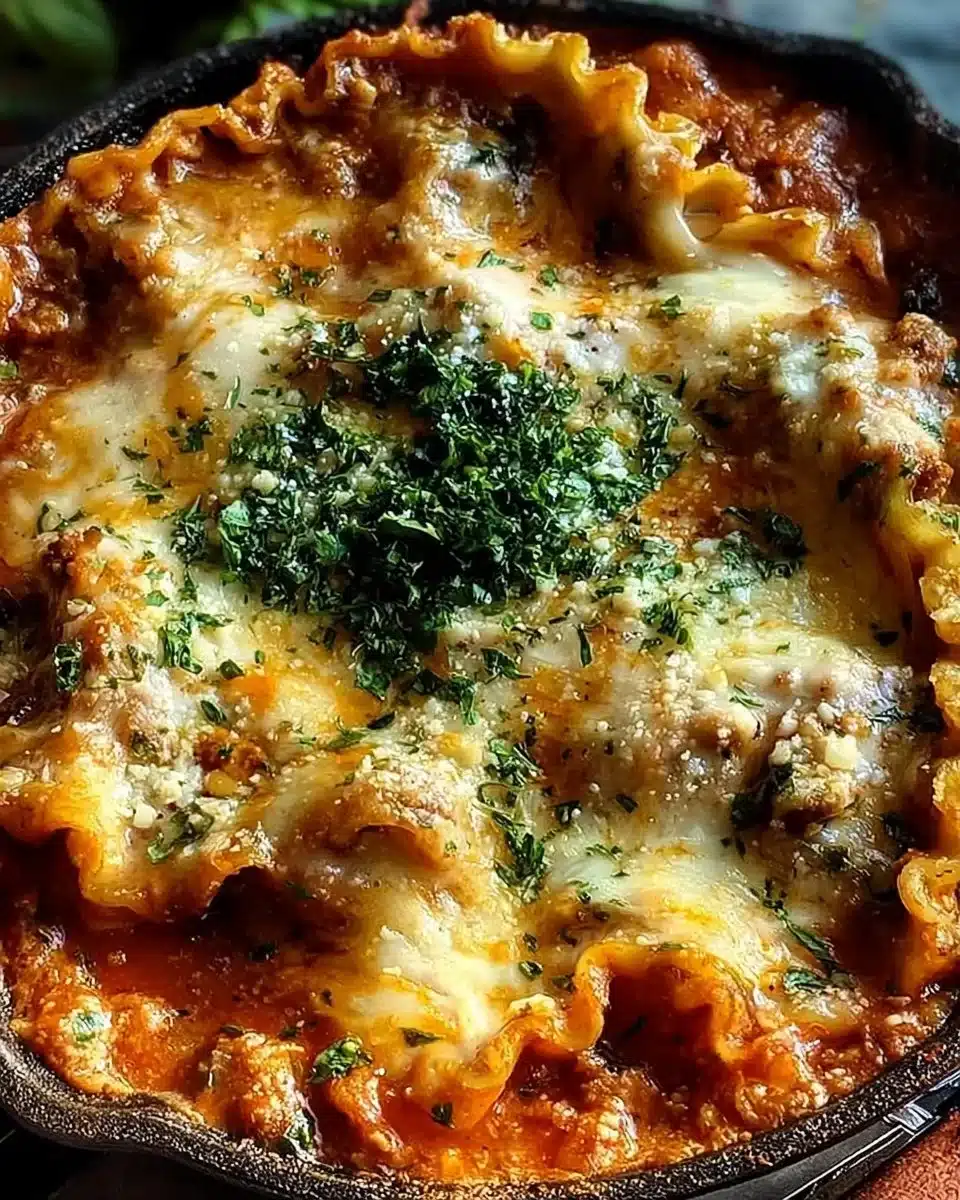 One pot skillet lasagna made with layers of pasta, cheese, and savory sauce.