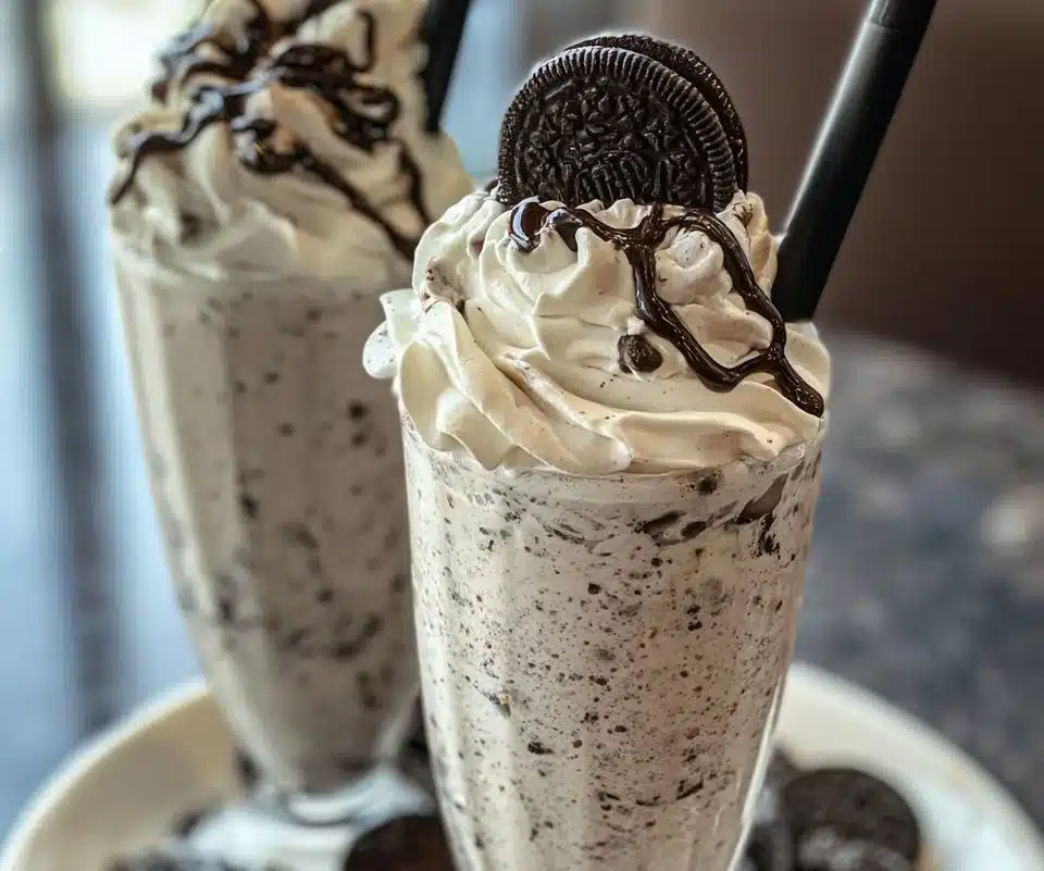 Delicious Oreo milkshake topped with whipped cream and crushed Oreos