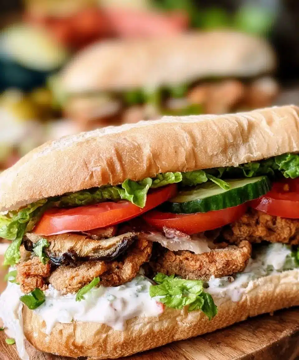 Delicious Oyster Mushroom Po Boy sandwich served with fresh toppings