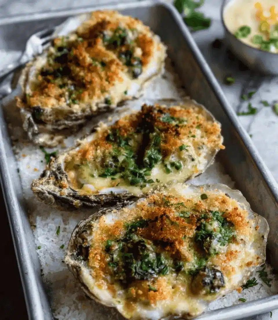Baked Oysters Rockefeller topped with creamy sauce and herbs