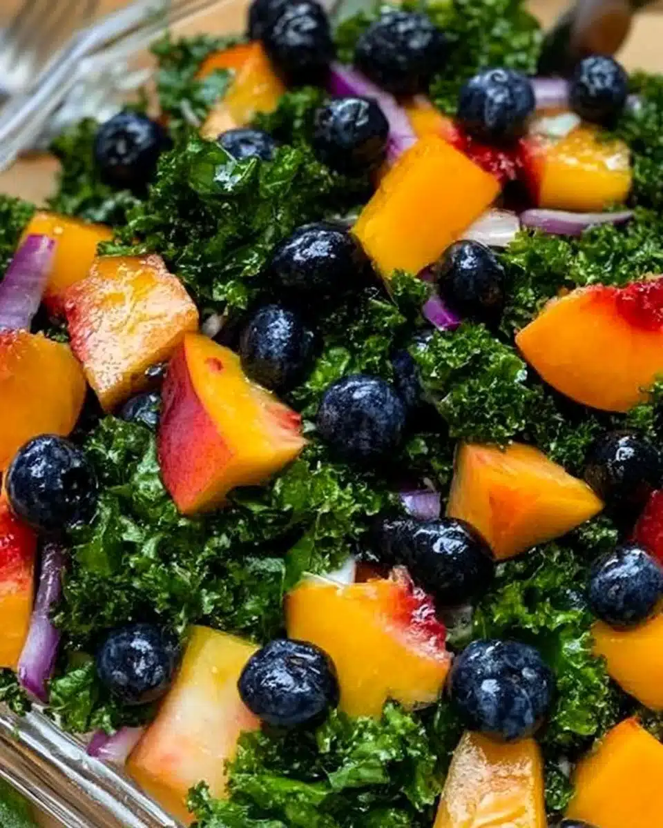 Peach and Blueberry Kale Salad with vibrant colors and fresh ingredients