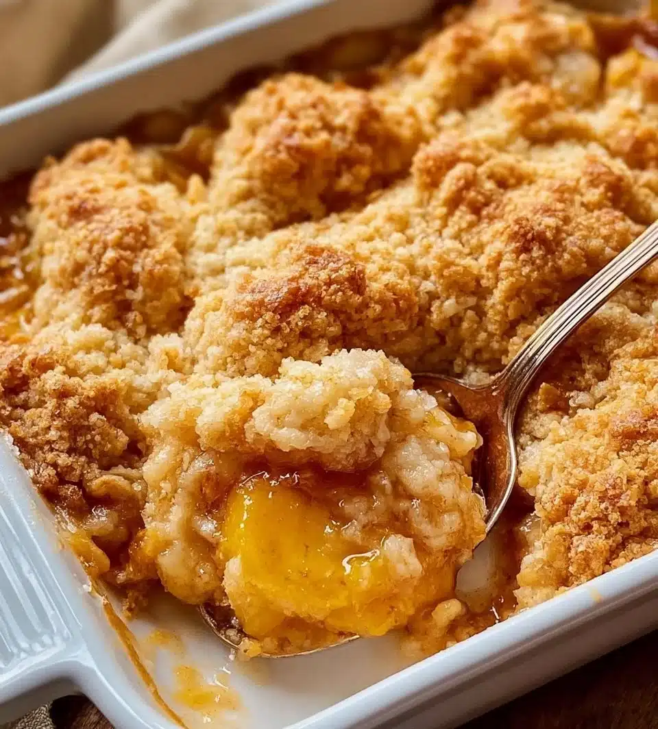 Homemade peach cobbler with fresh peaches and golden crust
