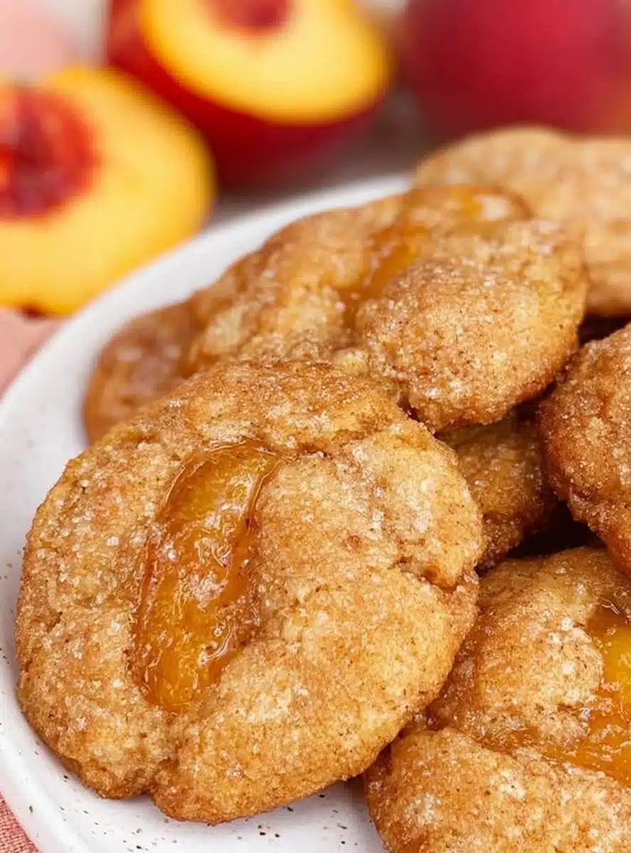 Freshly baked peach cookies on a plate with a peach in the background.