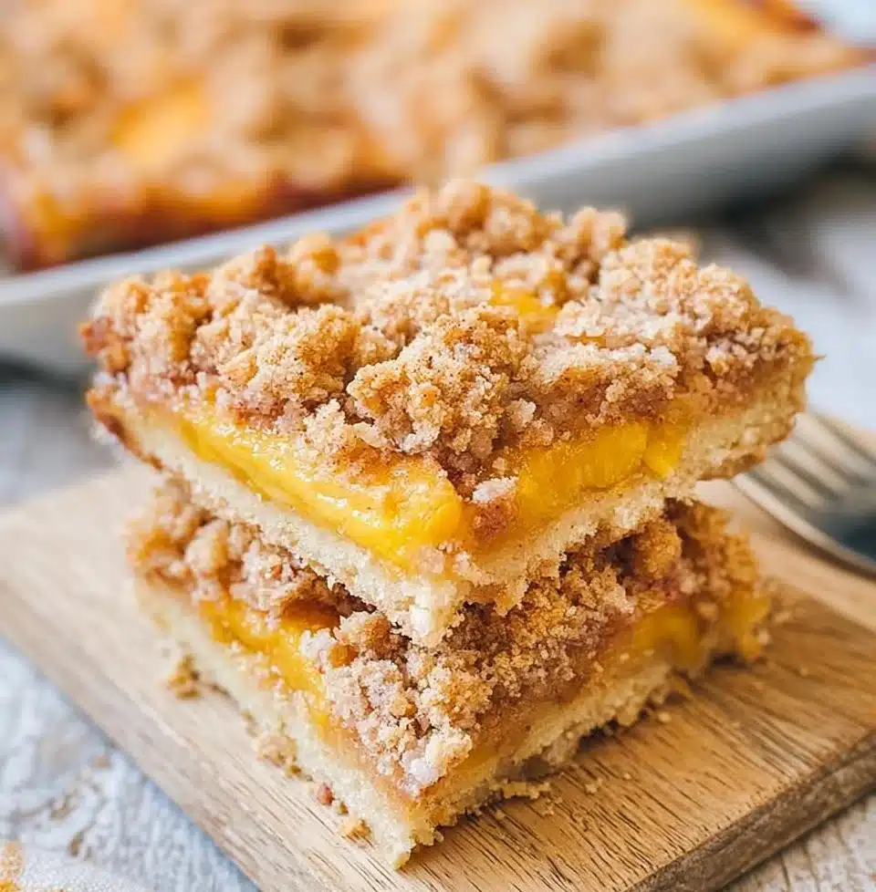 Homemade peach crumb bars with a golden crumb topping and fresh peach filling.