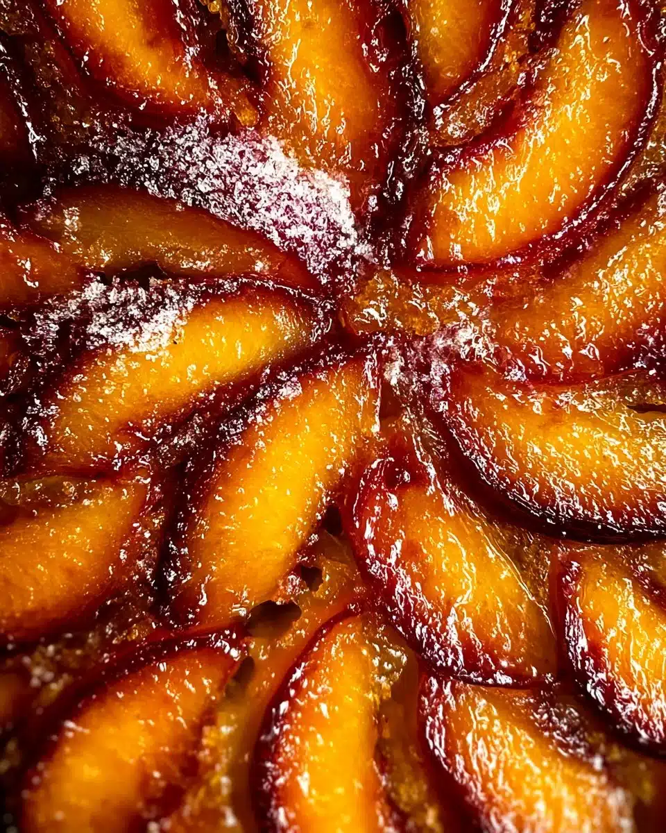 Freshly baked Peach Upside-Down Cake with caramelized peaches on top