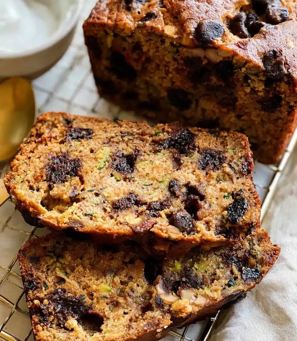Peanut butter chocolate chip zucchini bread sliced on a table