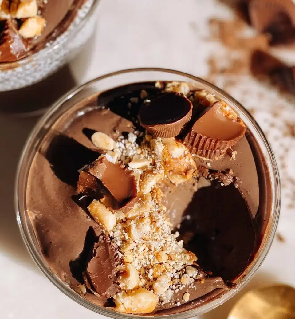 Delicious Peanut Butter Cup Chia Pudding topped with chocolate chips and peanut butter.