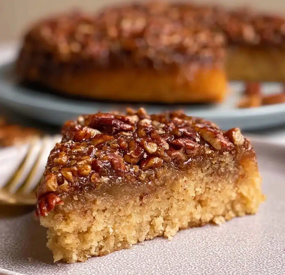 Delicious pecan upside down cake with caramelized pecans on top