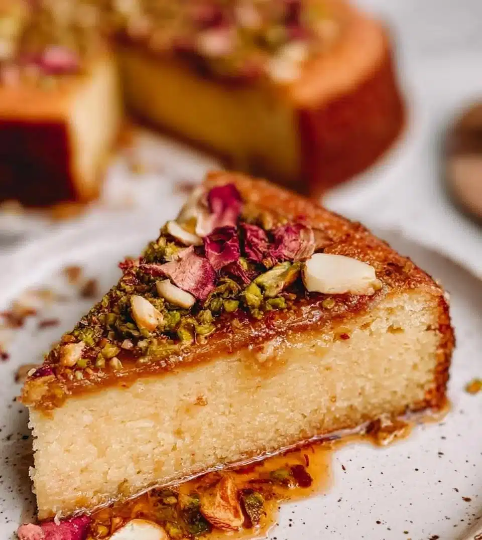 A beautifully decorated Persian Love Cake with rose petals and cardamom sprinkles.