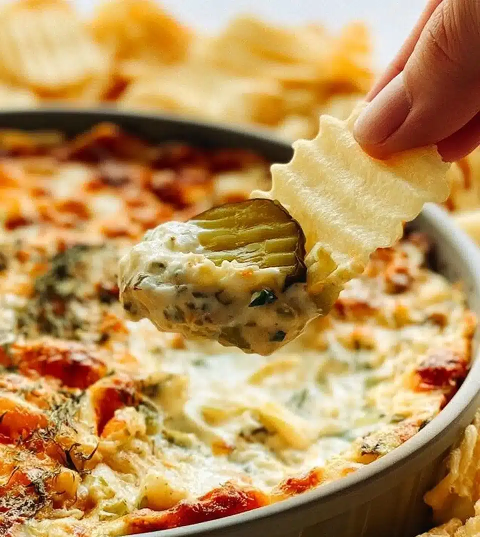 Delicious homemade pickle dip served in a bowl with crackers