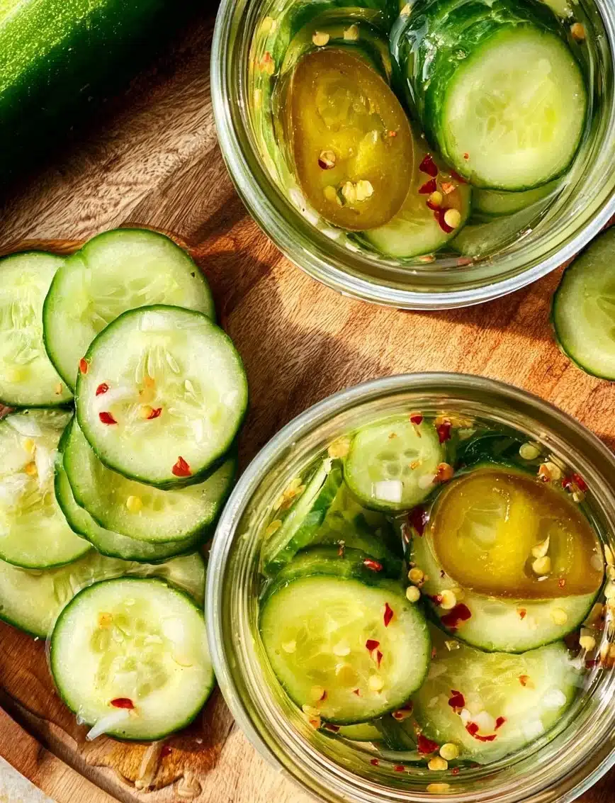 Jars of homemade pickled cucumbers with fresh ingredients.
