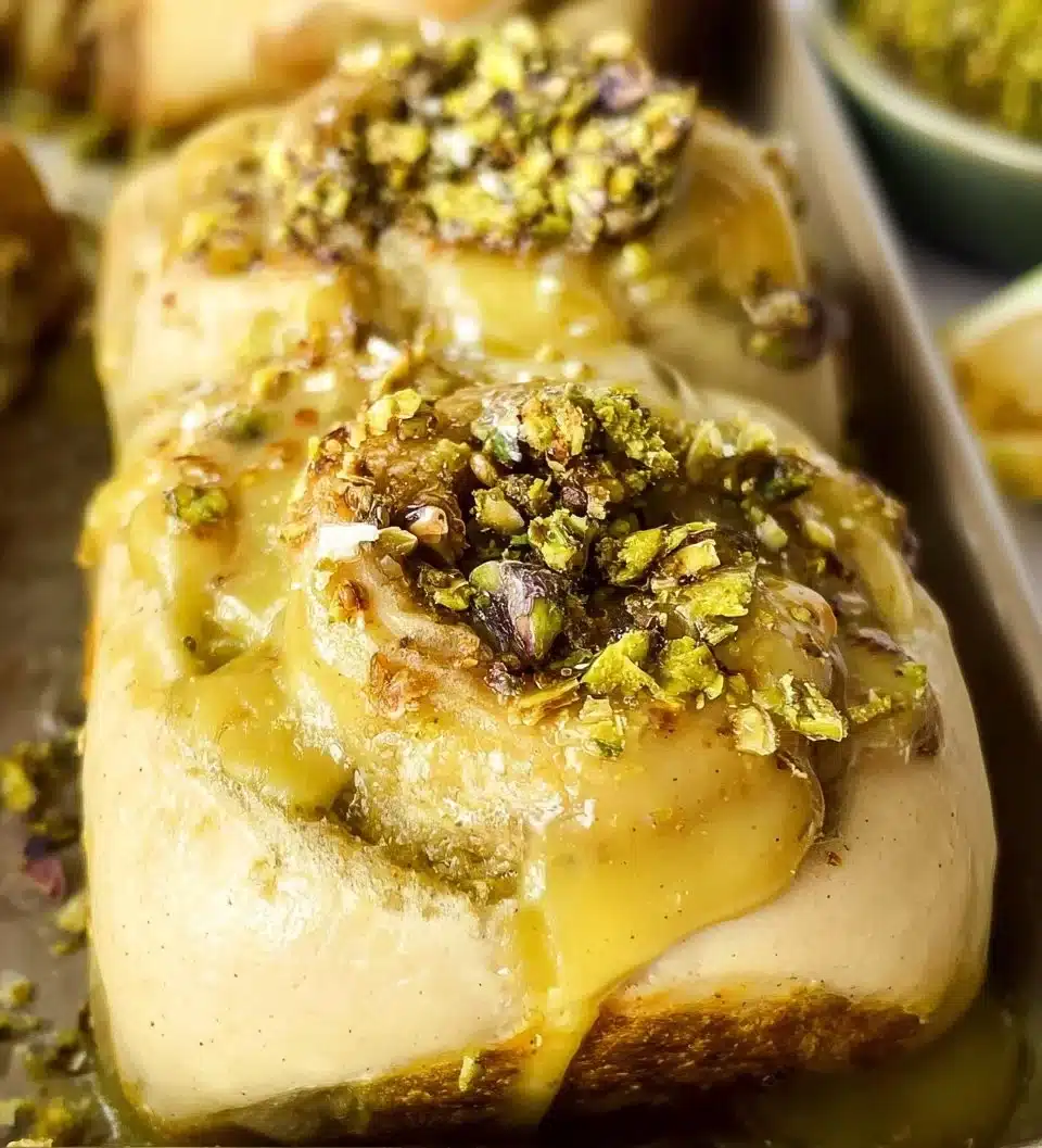 Delicious homemade pistachio rolls topped with crushed pistachios.