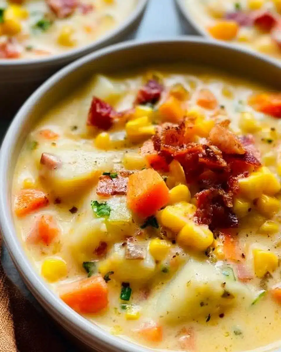 Creamy Potato Corn Chowder garnished with herbs in a white bowl