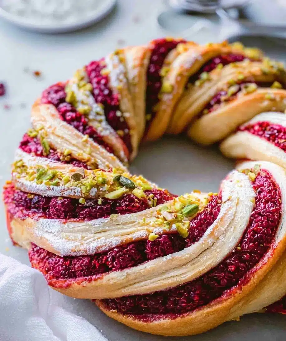 Raspberry Pistachio Wreath dessert garnished with nuts and berries