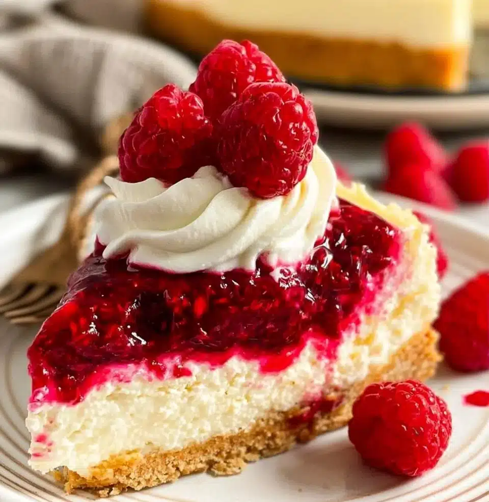 Slice of homemade Raspberry Cheesecake topped with fresh raspberries