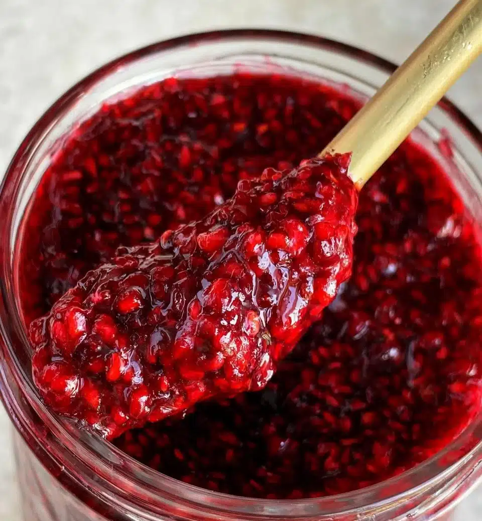 Jar of homemade raspberry jam with fresh raspberries and toast.