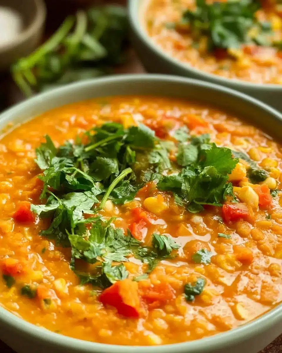 Bowl of Red Lentil Corn Chowder garnished with herbs and served hot.