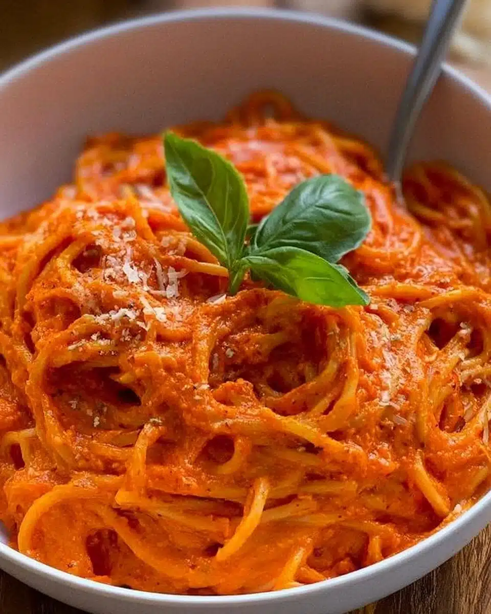 Homemade red pepper sauce in a jar with fresh red peppers on a wooden table.