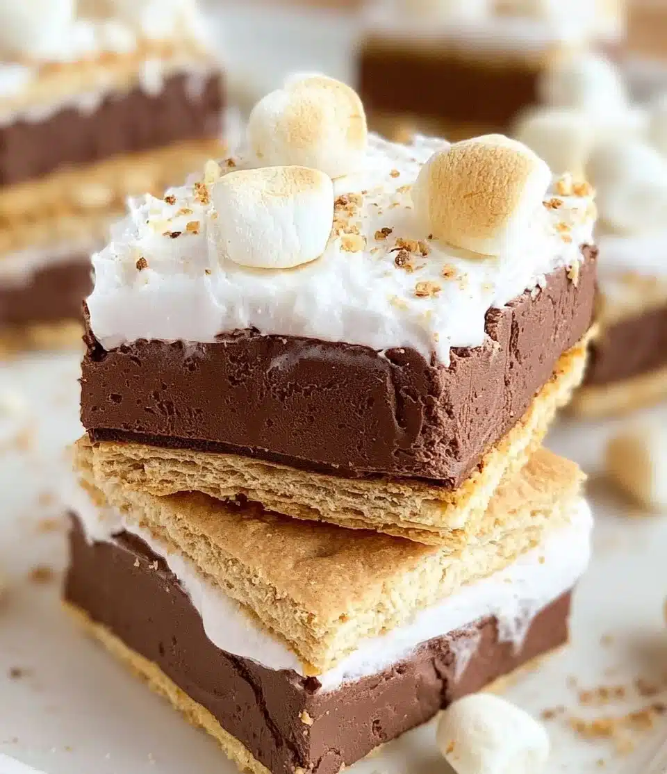 Delicious frozen s'mores dessert featuring chocolate, marshmallows, and graham crackers.