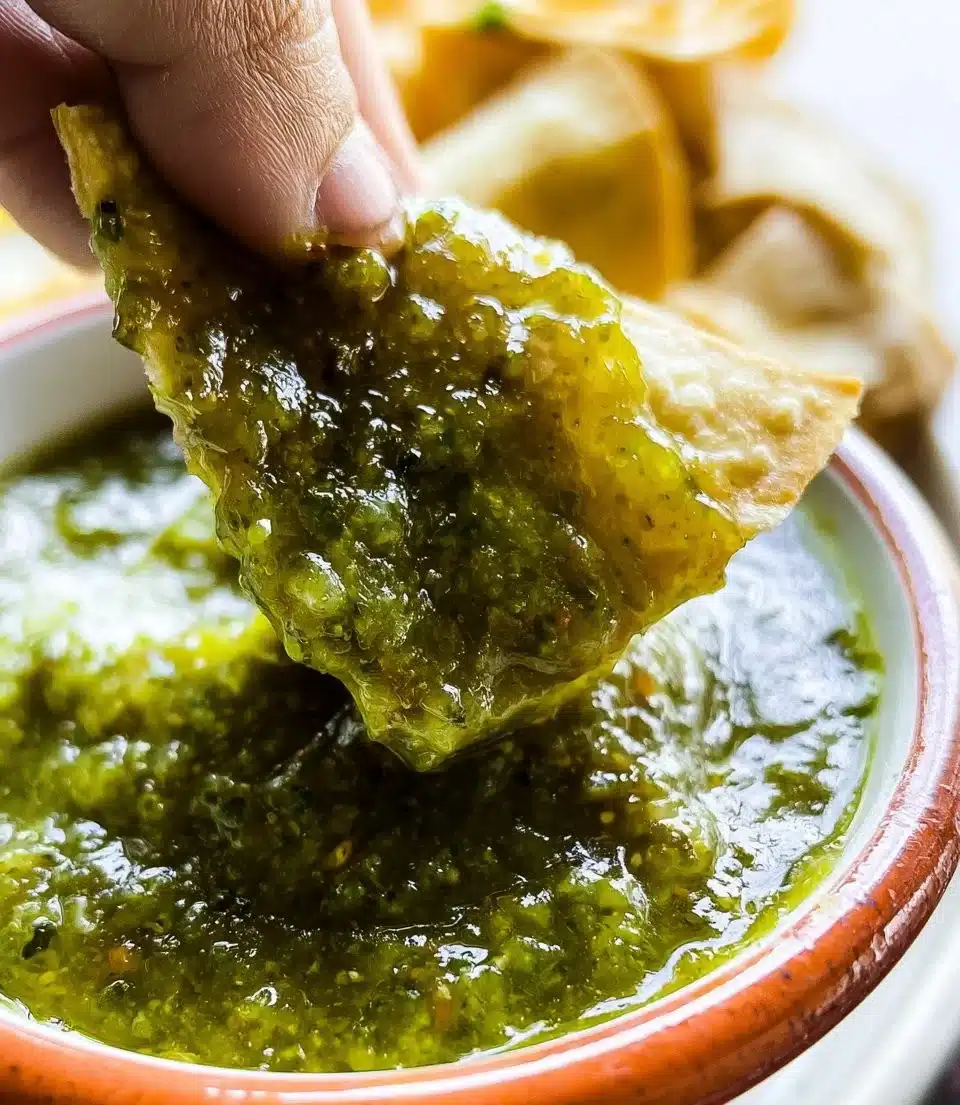 A bowl of fresh Salsa Verde with ingredients like tomatillos and cilantro.
