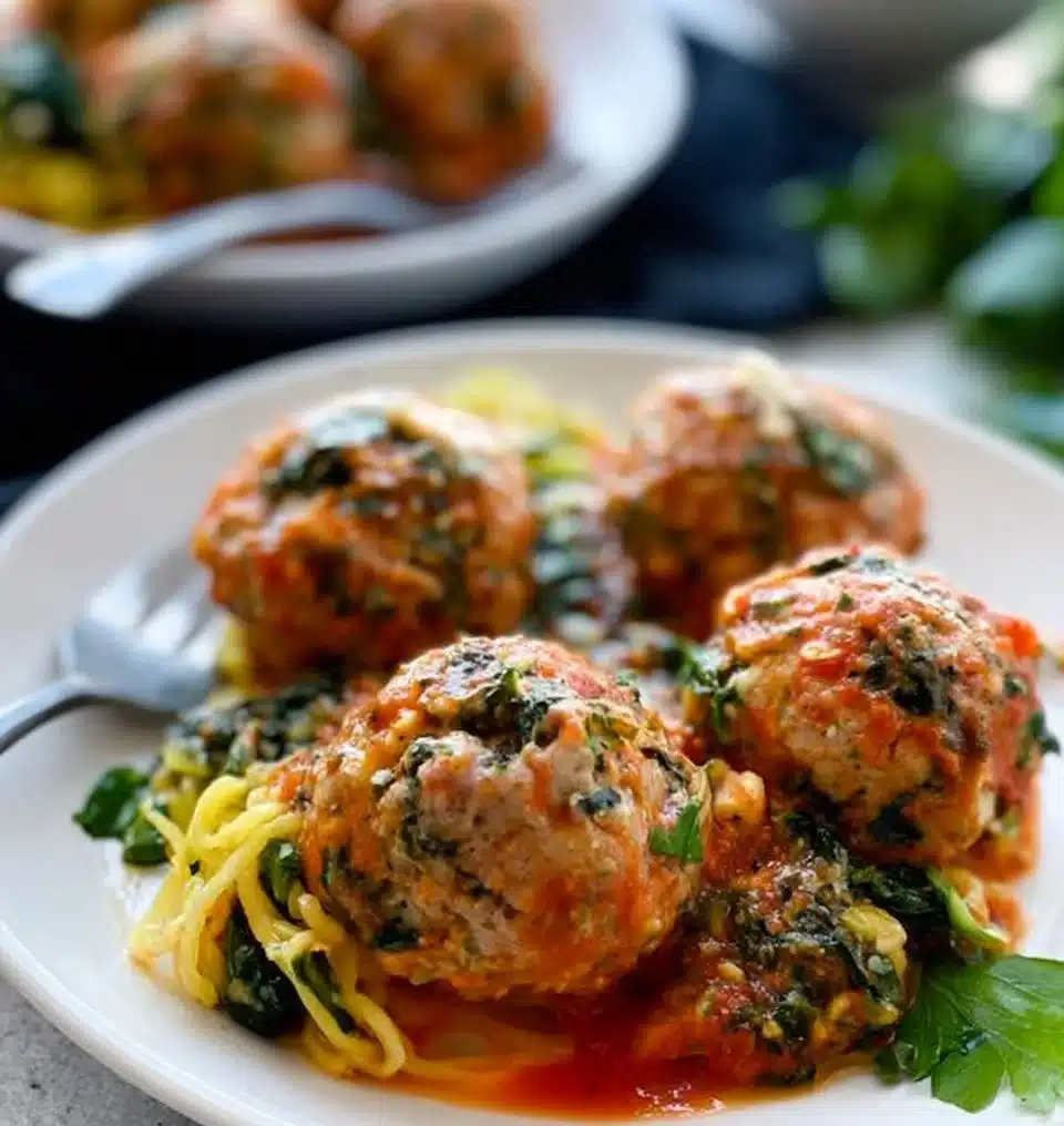 Spinach feta turkey meatballs served on a plate with fresh herbs