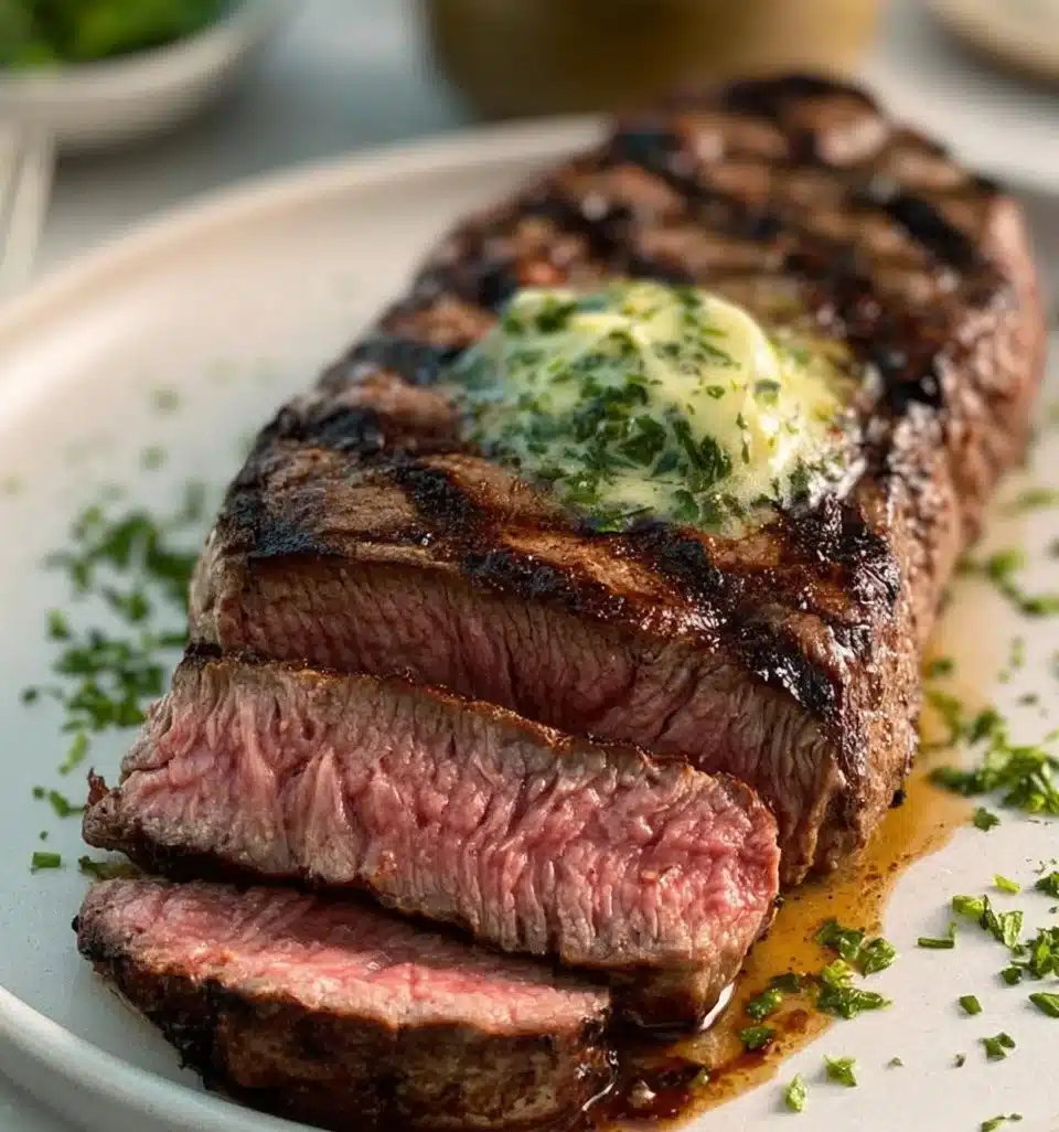 Juicy steak topped with rich herb butter on a white plate.