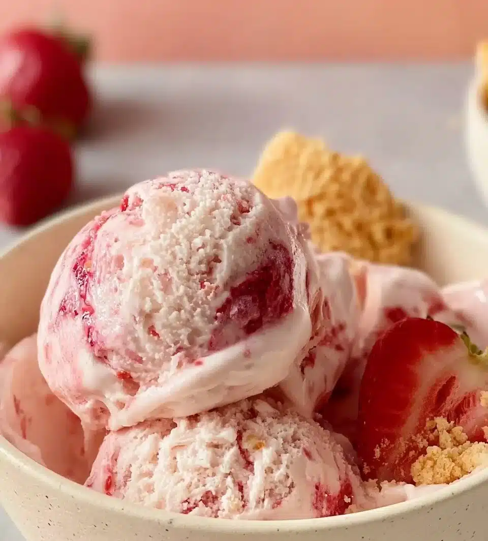 Delicious strawberry cheesecake gelato served in a bowl with fresh strawberries
