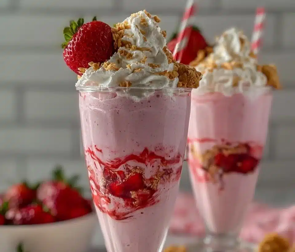 Delicious strawberry cheesecake milkshake topped with whipped cream and strawberries