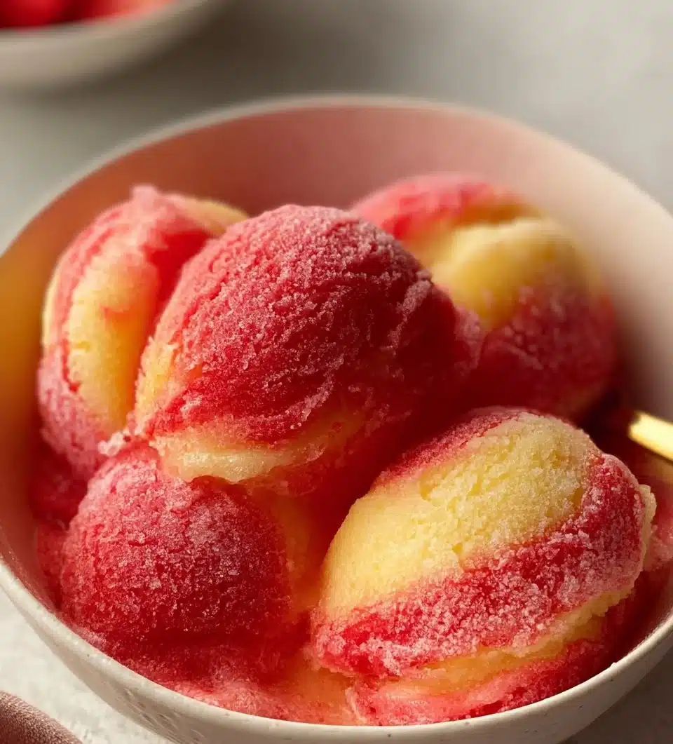 Bowl of Strawberry Pineapple Sorbet garnished with fresh strawberries and pineapples