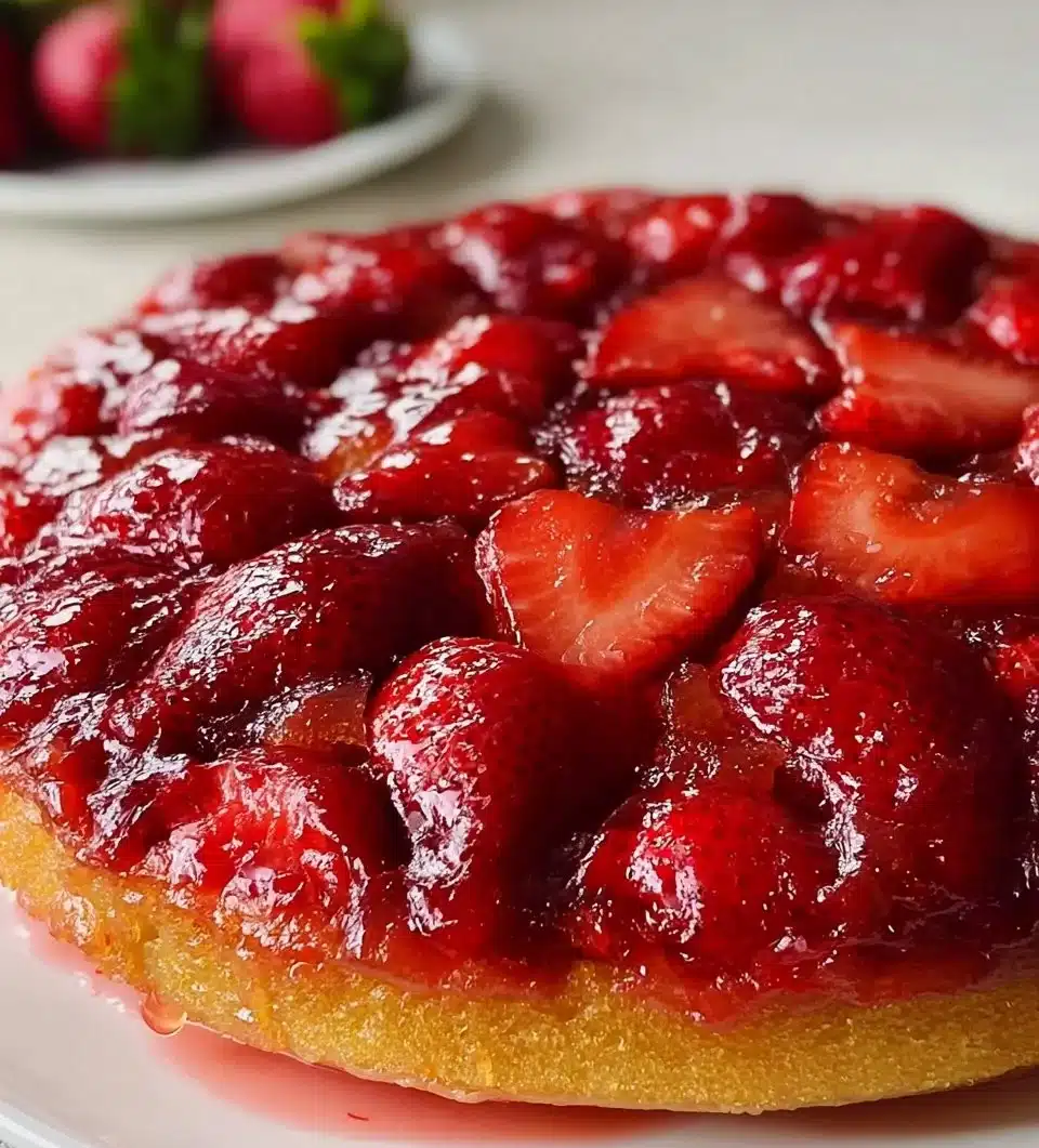 Delicious Strawberry Upside Down Cake topped with fresh strawberries.