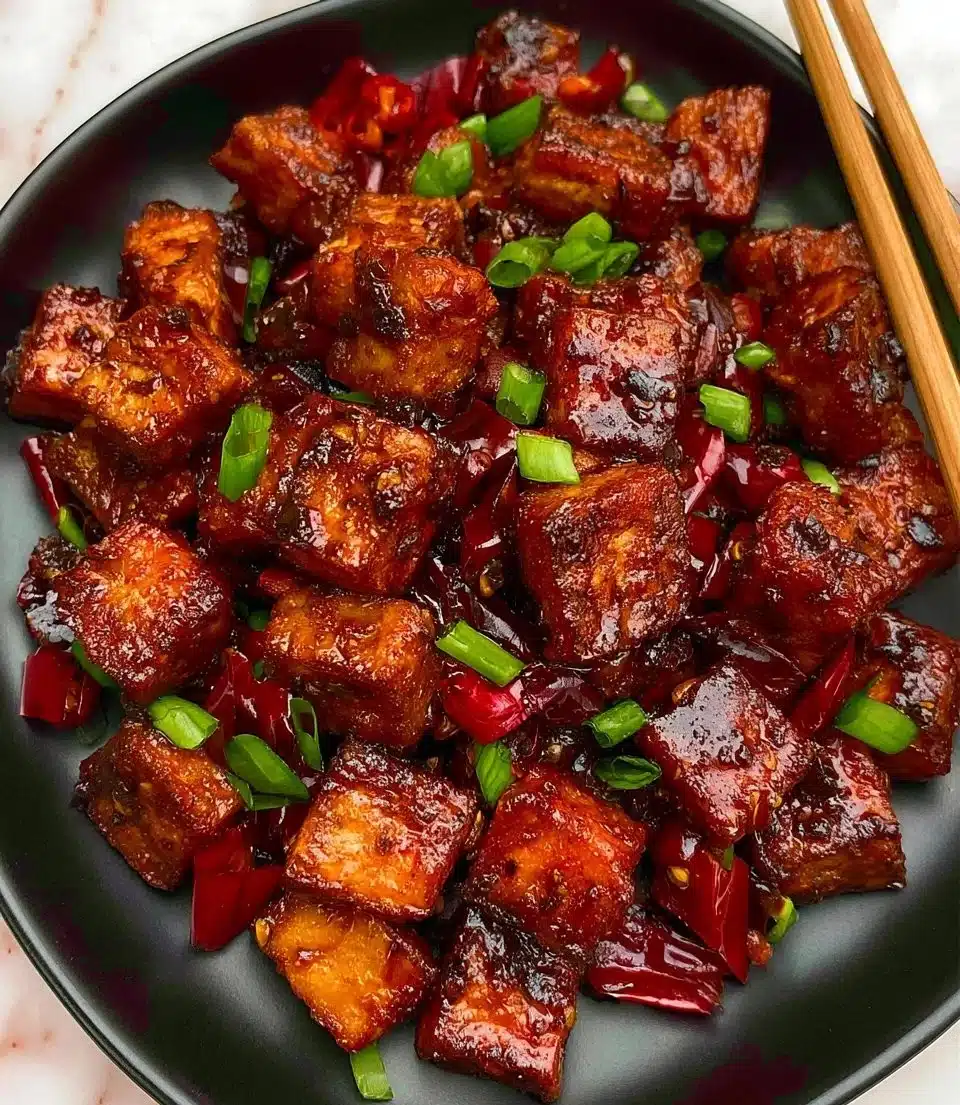 Delicious Szechuan Tofu with vibrant spices and vegetables in a bowl